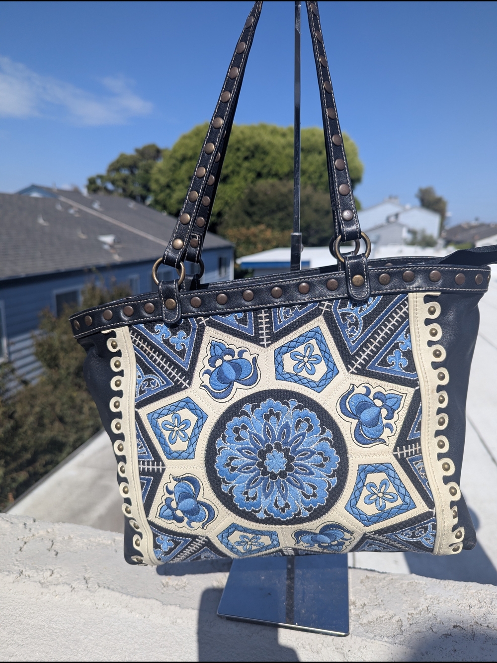 Isabella Fiore Blue and Cream Embroidered Floral Tote
